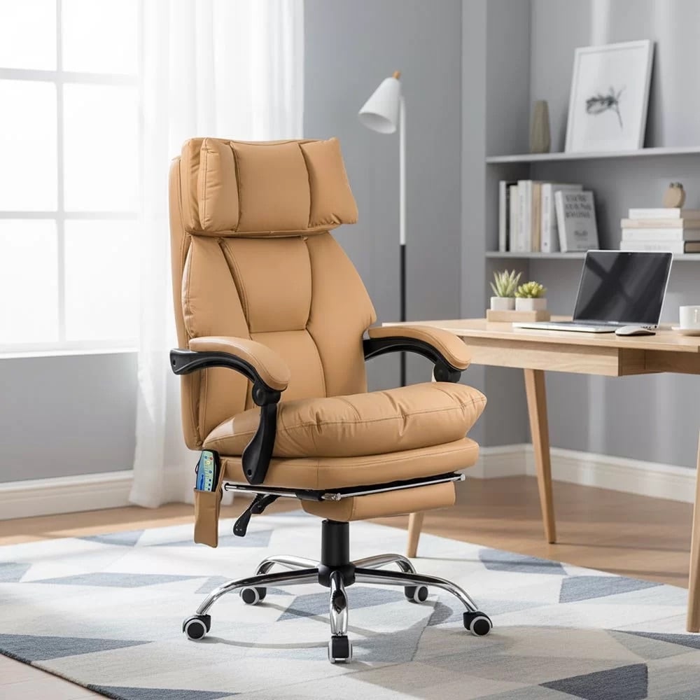 Scaune de birou cu masaj și încălzire OFF 414 Bej – Piele ecologică, ergonomic, suport 150 kg